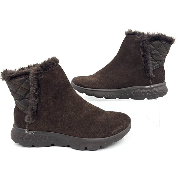 Skechers Go Ga Mat 5 Gen Brown Ankle Boots Booties Comfort Fur Lined Slip On 7 - Picture 1 of 10